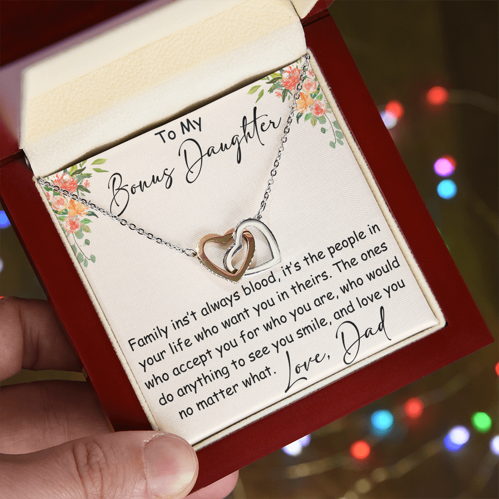Interlocking Hearts Necklace – Meaningful Bonus Daughter Gift – Stepdad/Stepmom Family Bond Jewelry