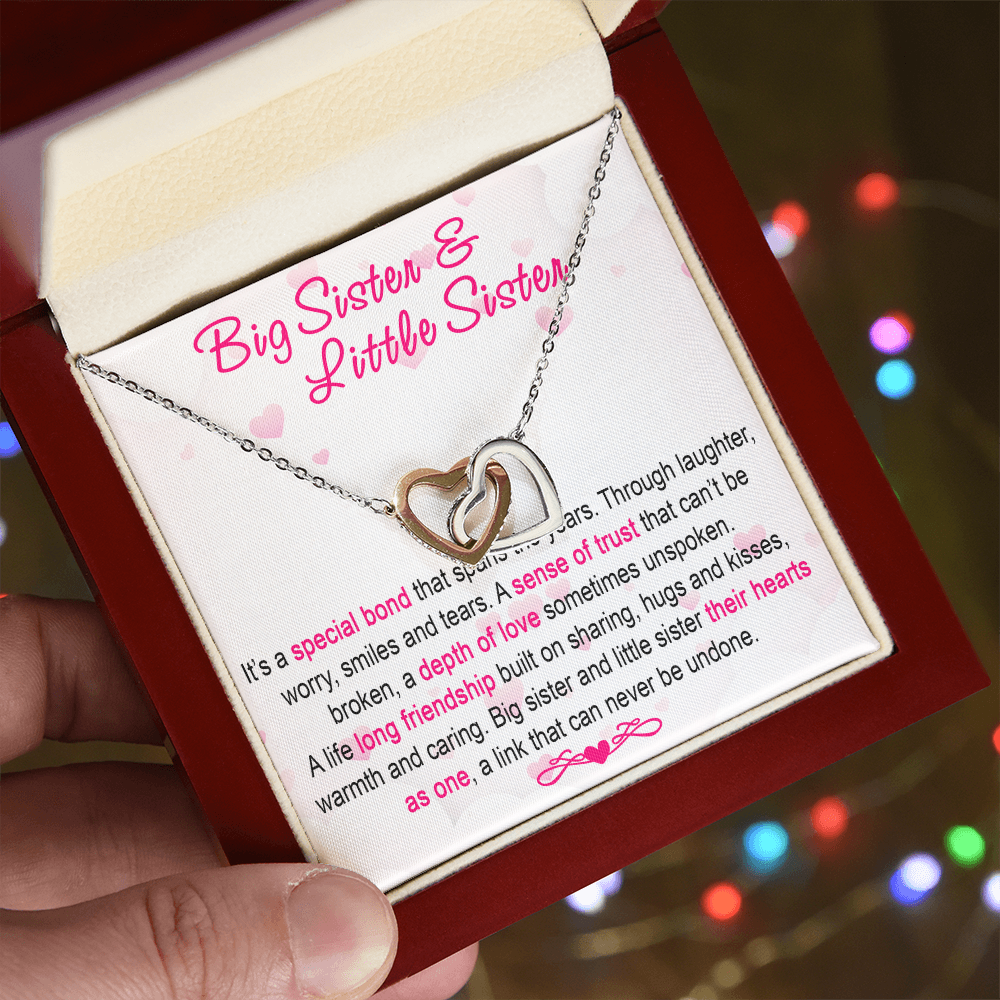 To My Sis Necklace – Interlock Heart Pendant with Message Card and Gift Box, Meaningful Jewelry Gift for Birthday, Christmas or Graduation