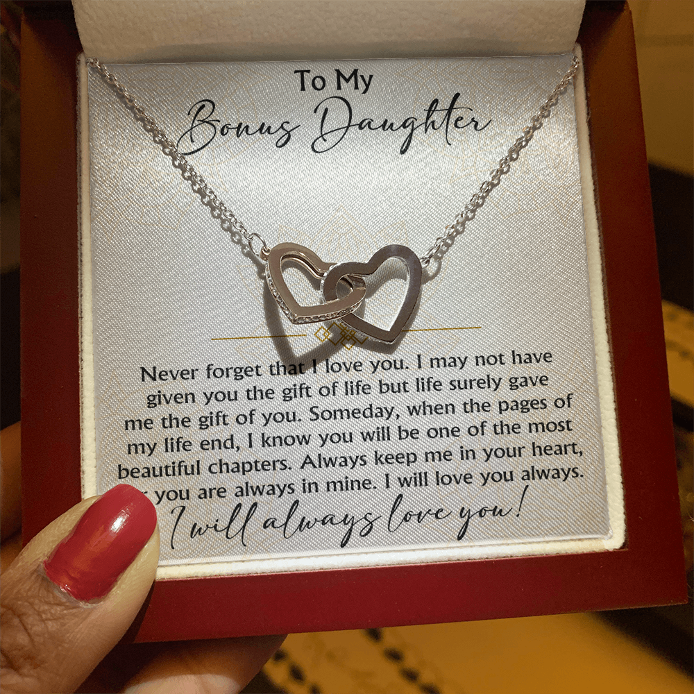 To My Bonus Daughter Interlocking Hearts necklace - Birthday Xmas Gift from Bonus Mom Dad