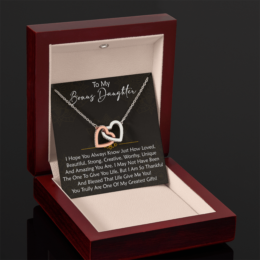 To My Bonus Daughter  Interlocking Hearts Necklace - Birthday Xmas Family Matching Gift from Bonus Mom Dad For Special Occasion.