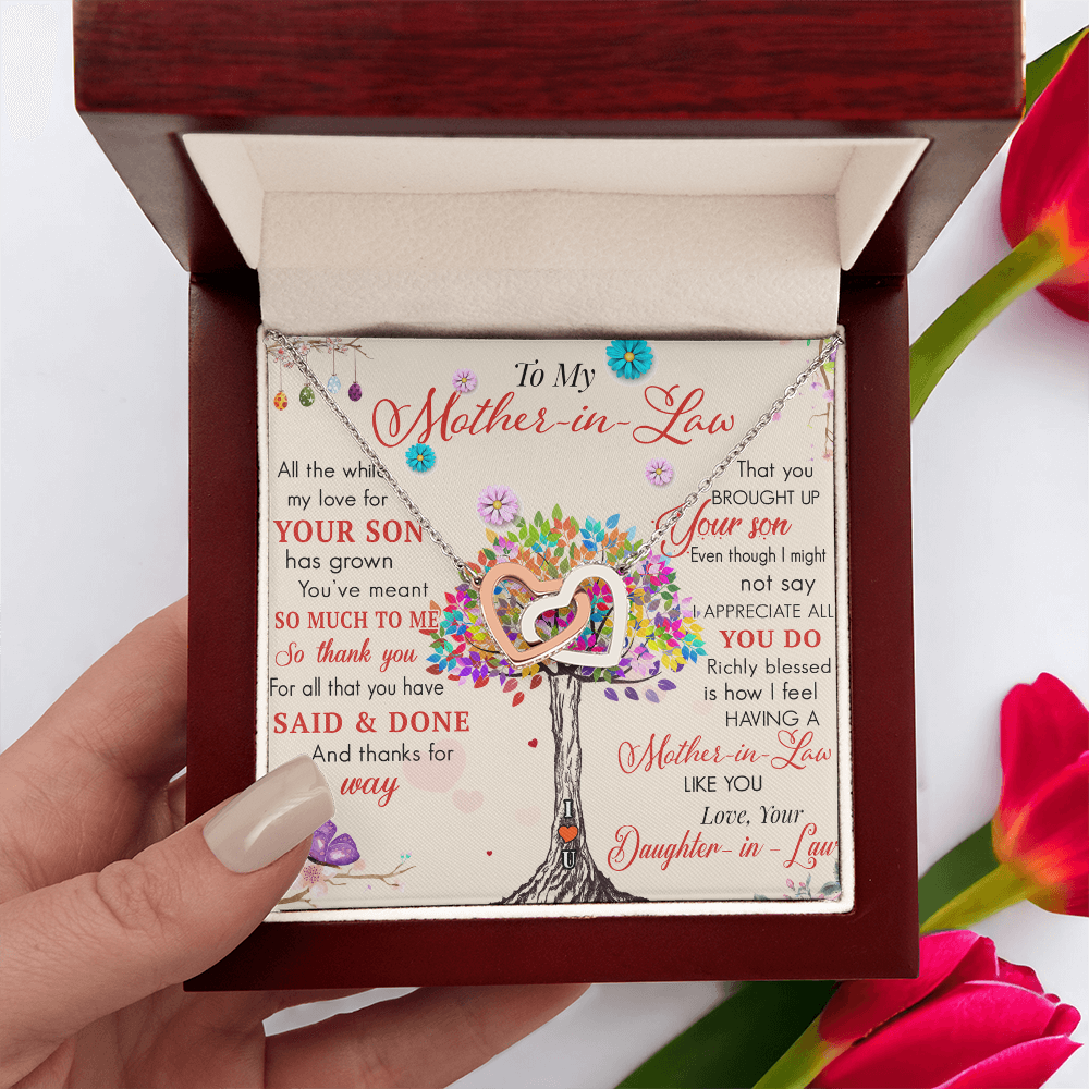 To My Mother in Law Interlock Heart Necklace - Luxury Family Matching Gift from Daughter in Law for Birthday, Christmas, or any Special Occasion