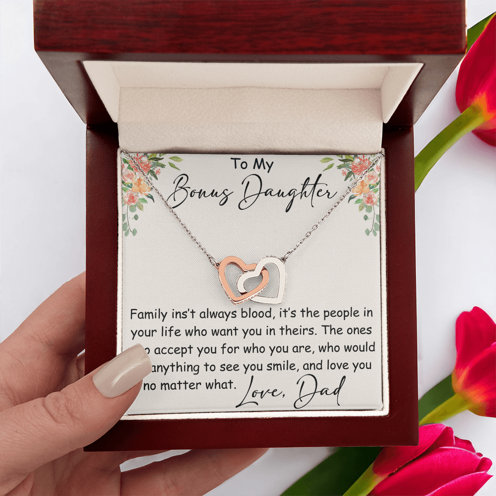 Interlocking Hearts Necklace – Meaningful Bonus Daughter Gift – Stepdad/Stepmom Family Bond Jewelry