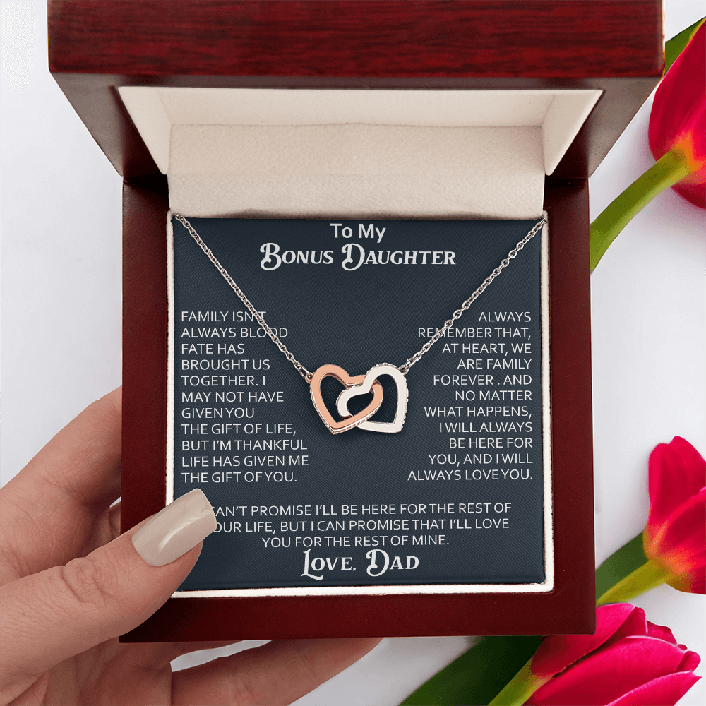 To My Bonus Daughter Interlocking Hearts Necklace Meaningful Gift from Dad, Stepdaughter Heart Family Love Jewelry