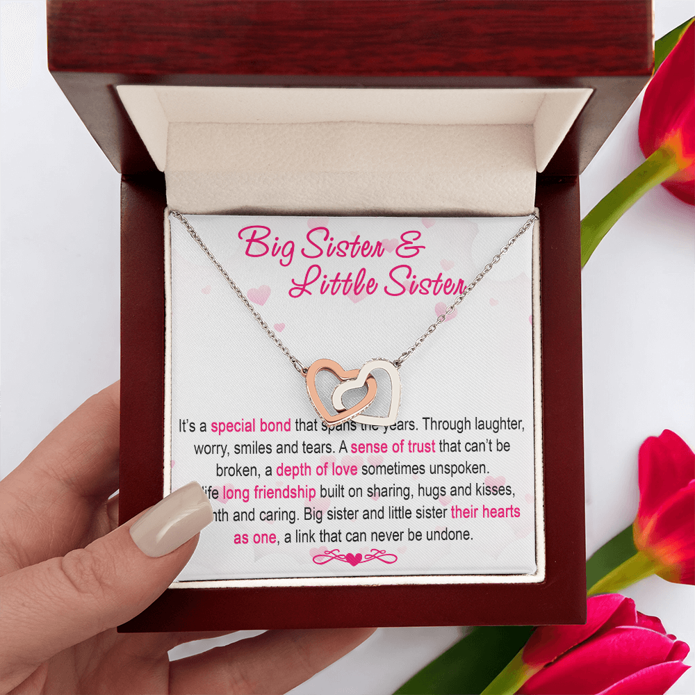 To My Sis Necklace – Interlock Heart Pendant with Message Card and Gift Box, Meaningful Jewelry Gift for Birthday, Christmas or Graduation