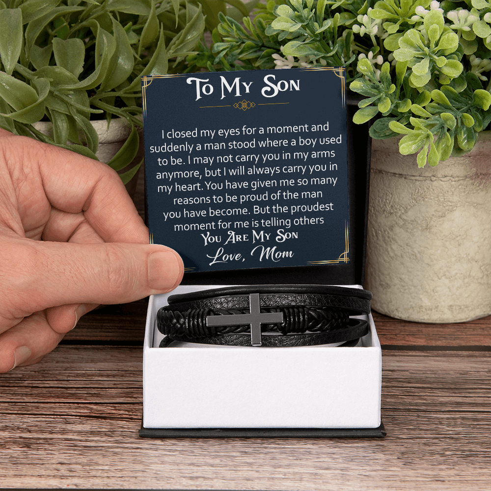 Cross Leather Bracelet  for Son from Parents, Gift for Son on His Birthday, Grown Up Son Bracelet Gift