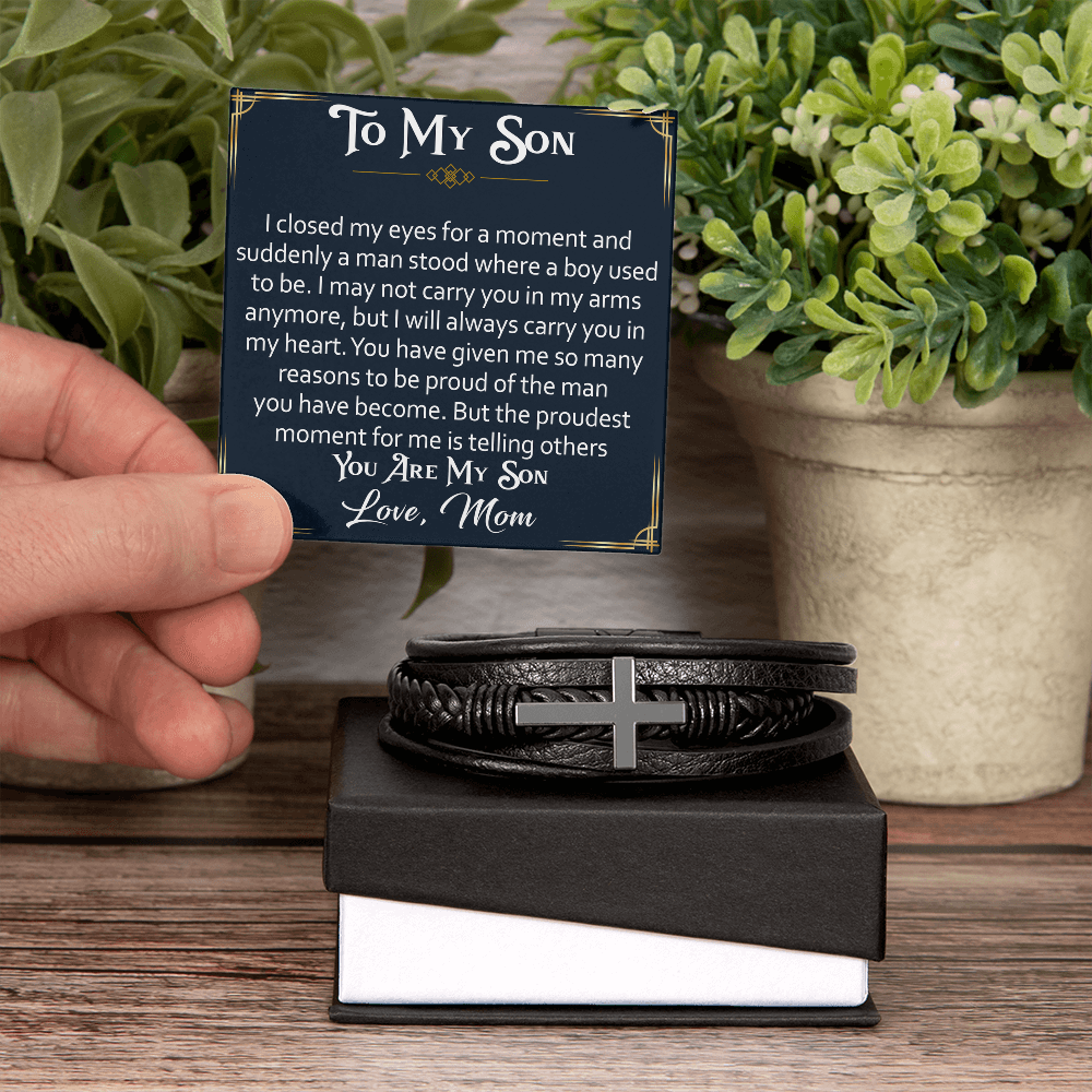 Cross Leather Bracelet  for Son from Parents, Gift for Son on His Birthday, Grown Up Son Bracelet Gift