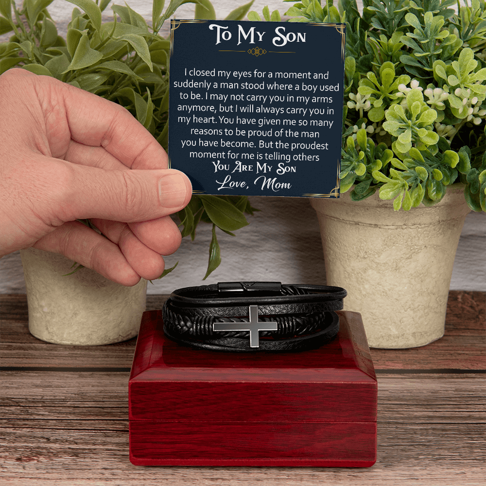 Cross Leather Bracelet  for Son from Parents, Gift for Son on His Birthday, Grown Up Son Bracelet Gift