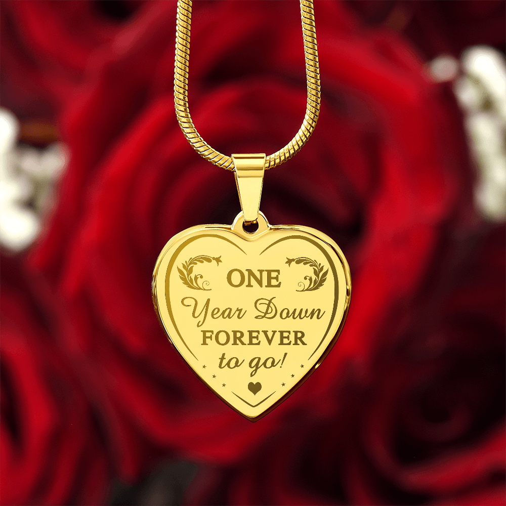 One Year Down Forever To Go Engraved Heart Necklace Gift for Wife Soulmate 1 Year Anniversary Present