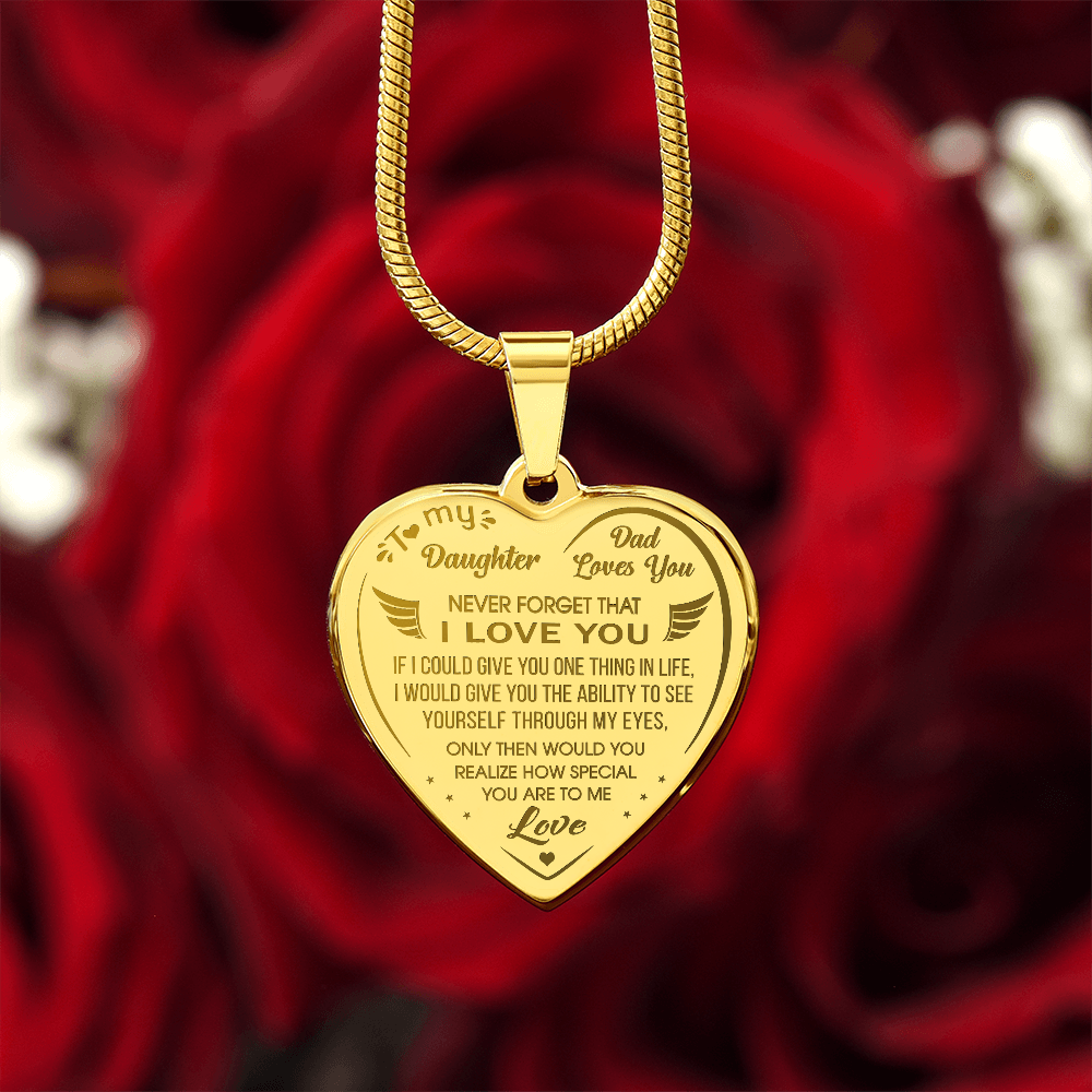 Proud Dad to Daughter Engraved Heart Necklace Novelty Gift from Father Daddy Papa for Back to School, Birthday, Family Matching.