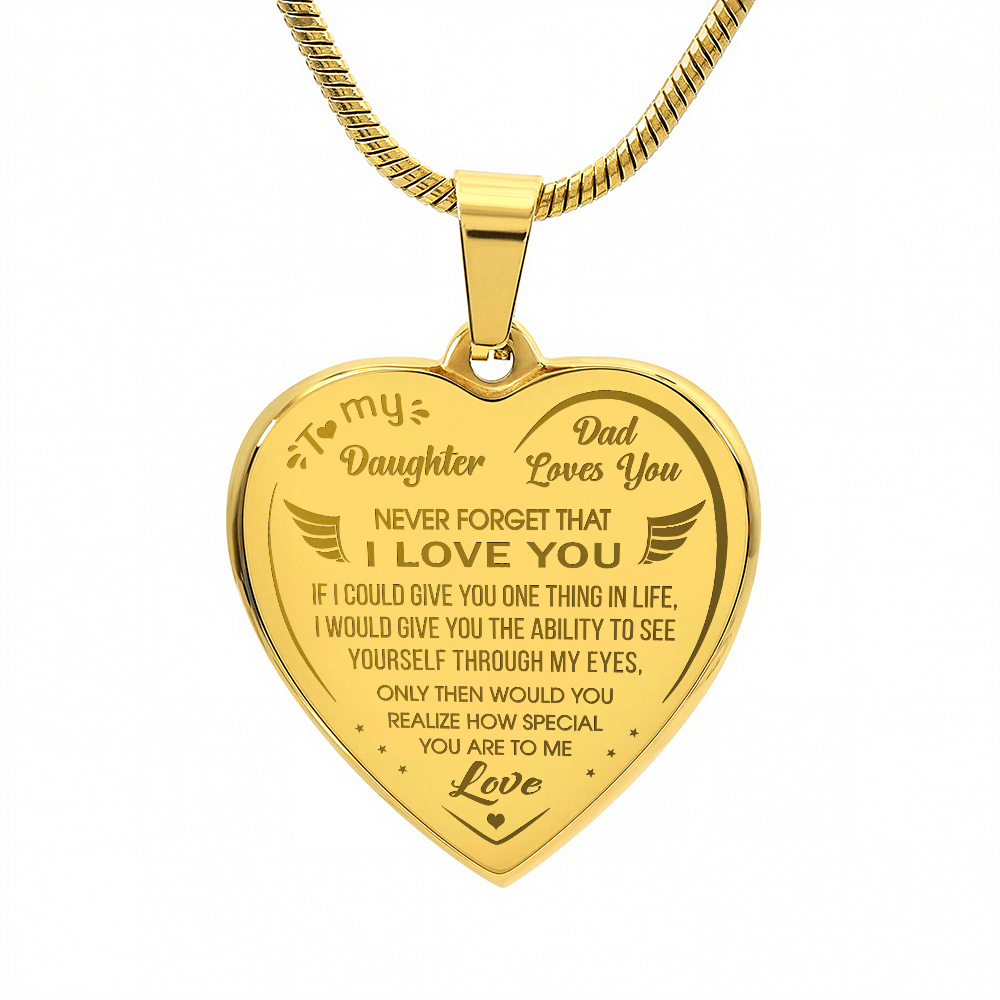Proud Dad to Daughter Engraved Heart Necklace Novelty Gift from Father Daddy Papa for Back to School, Birthday, Family Matching.