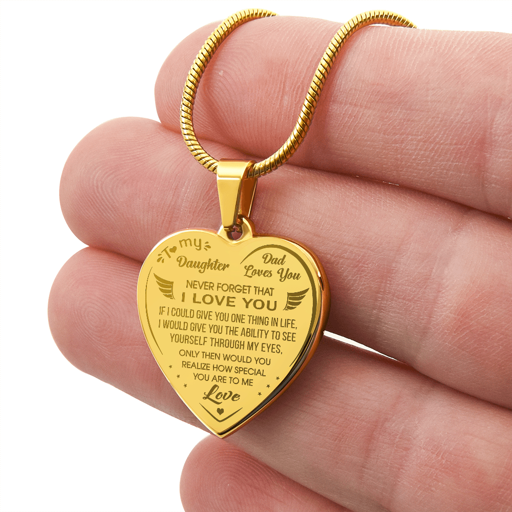Proud Dad to Daughter Engraved Heart Necklace Novelty Gift from Father Daddy Papa for Back to School, Birthday, Family Matching.