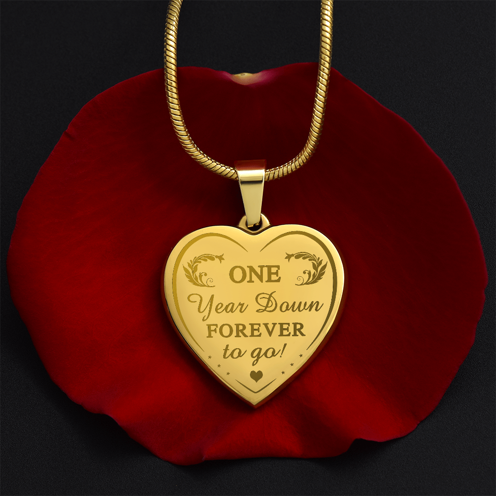 One Year Down Forever To Go Engraved Heart Necklace Gift for Wife Soulmate 1 Year Anniversary Present