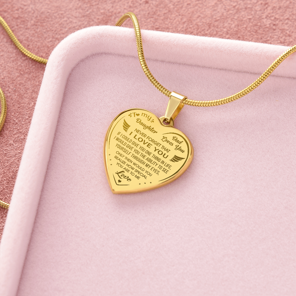 Proud Dad to Daughter Engraved Heart Necklace Novelty Gift from Father Daddy Papa for Back to School, Birthday, Family Matching.