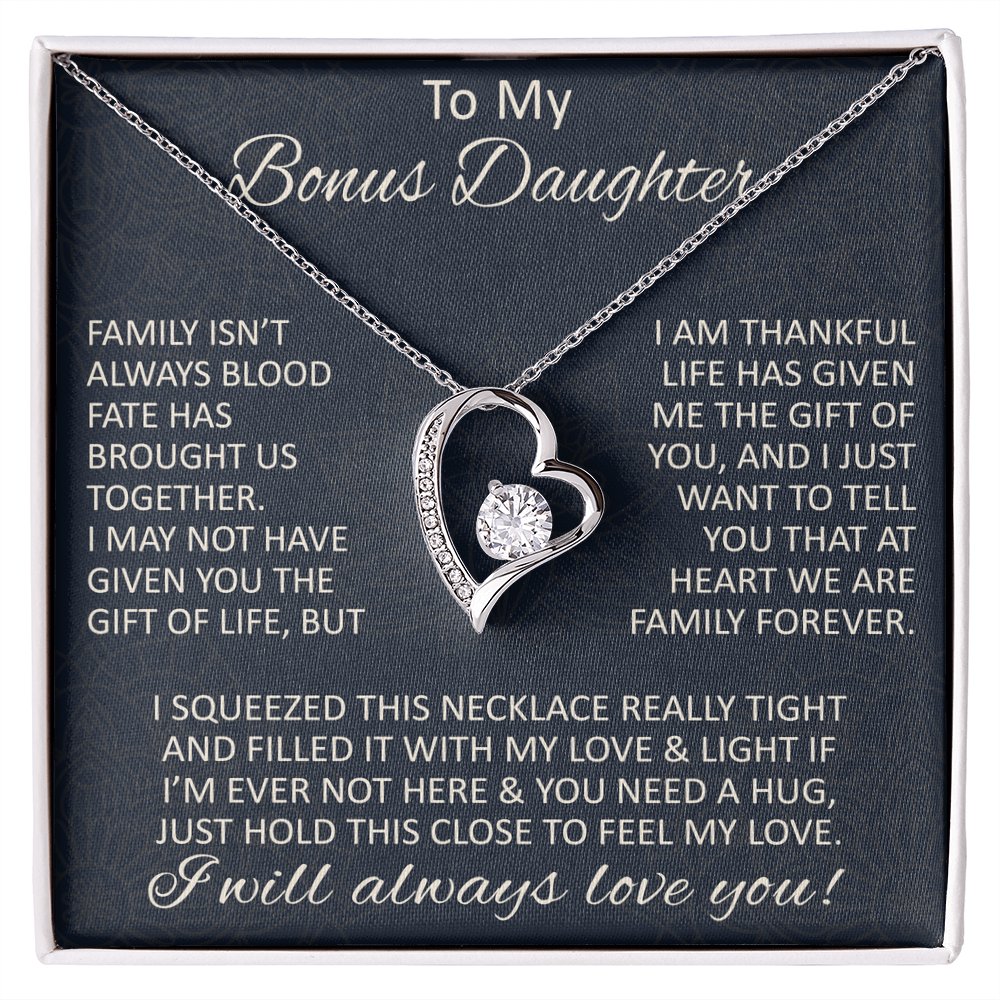 Love Gift for Bonus Daughter - Forever Love Necklace from Step Mom Step Dad for Birthday Christmas or any Special Occasion.