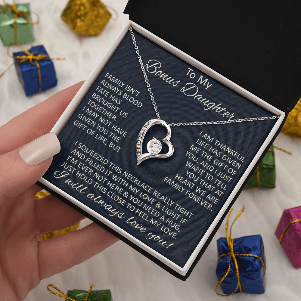 Love Gift for Bonus Daughter - Forever Love Necklace from Step Mom Step Dad for Birthday Christmas or any Special Occasion.
