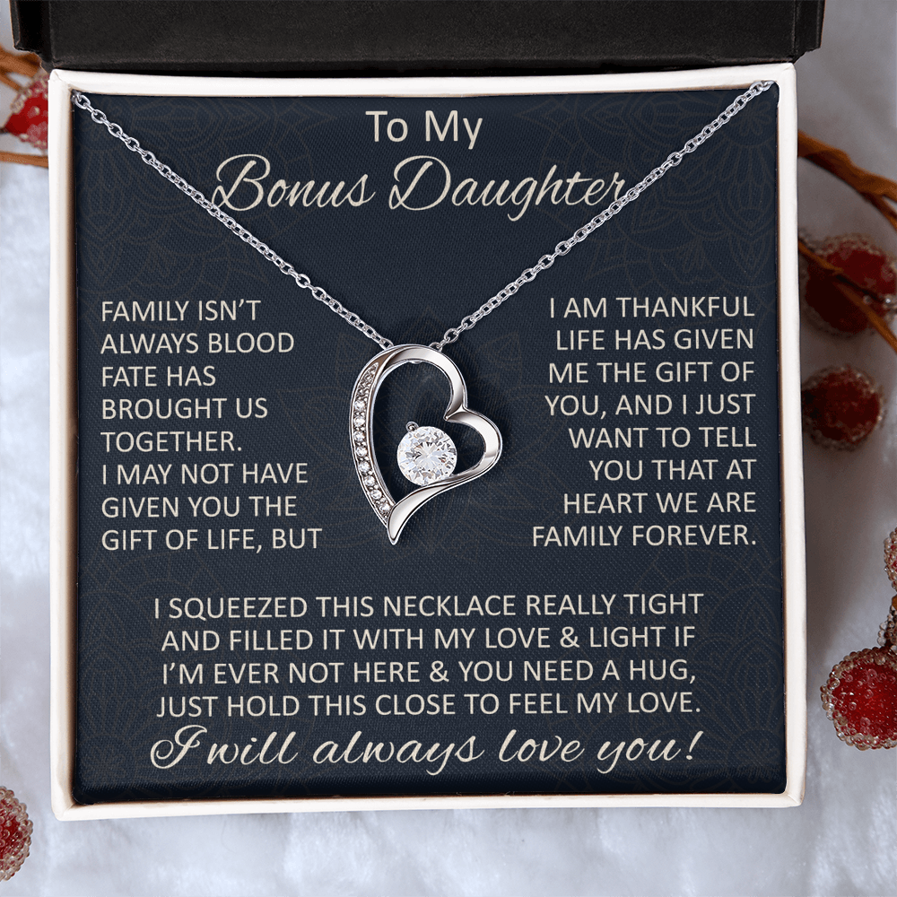 Love Gift for Bonus Daughter - Forever Love Necklace from Step Mom Step Dad for Birthday Christmas or any Special Occasion.