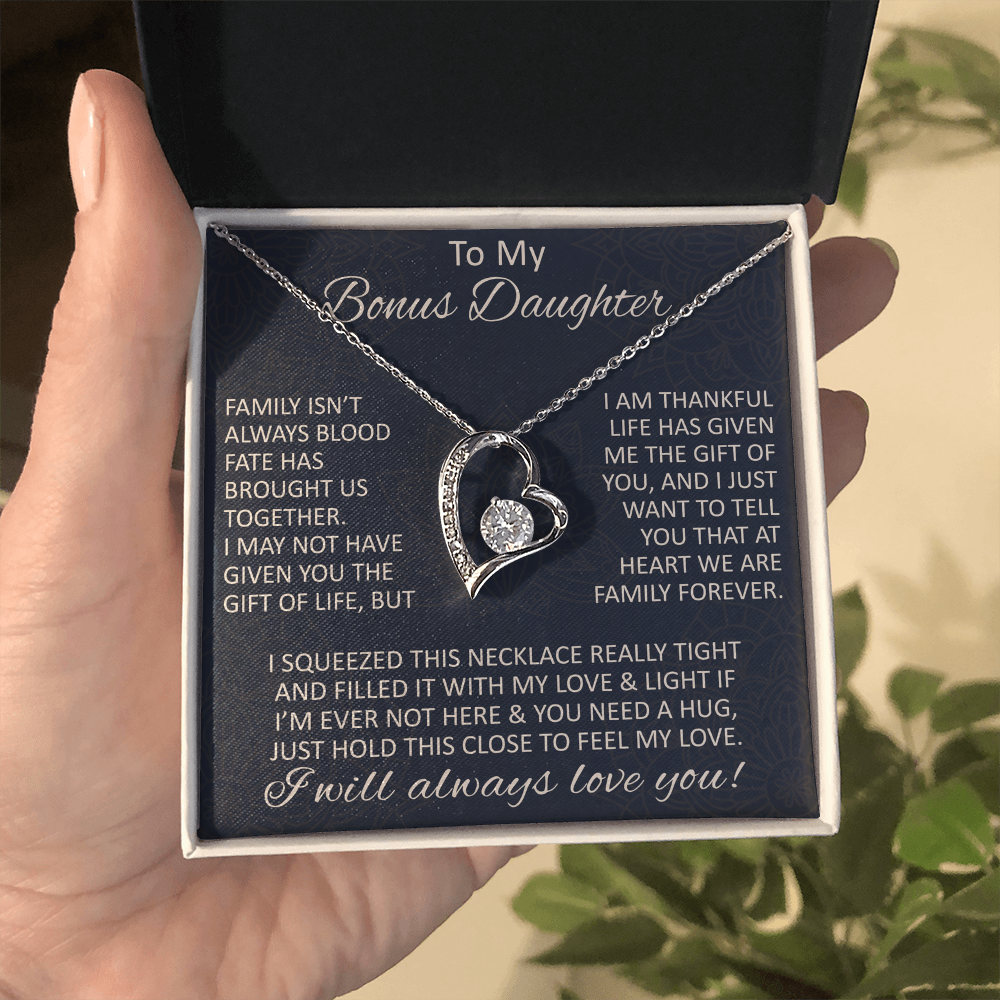 Love Gift for Bonus Daughter - Forever Love Necklace from Step Mom Step Dad for Birthday Christmas or any Special Occasion.
