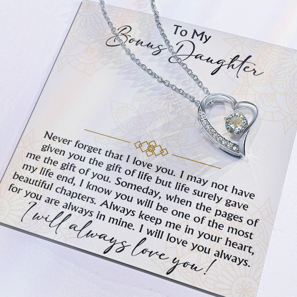 To My Bonus Daughter Forever Love Heart necklace - Birthday Xmas Gift from Bonus Mom Dad