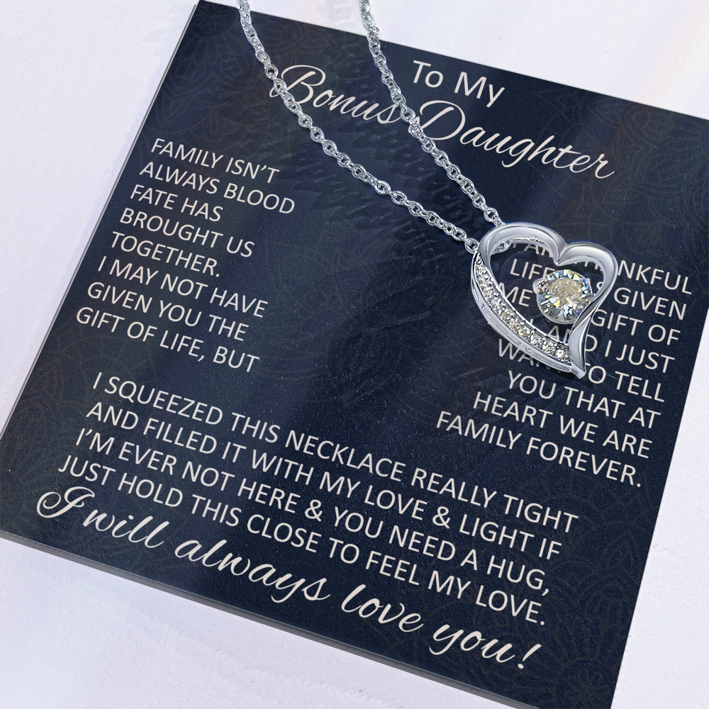 Love Gift for Bonus Daughter - Forever Love Necklace from Step Mom Step Dad for Birthday Christmas or any Special Occasion.
