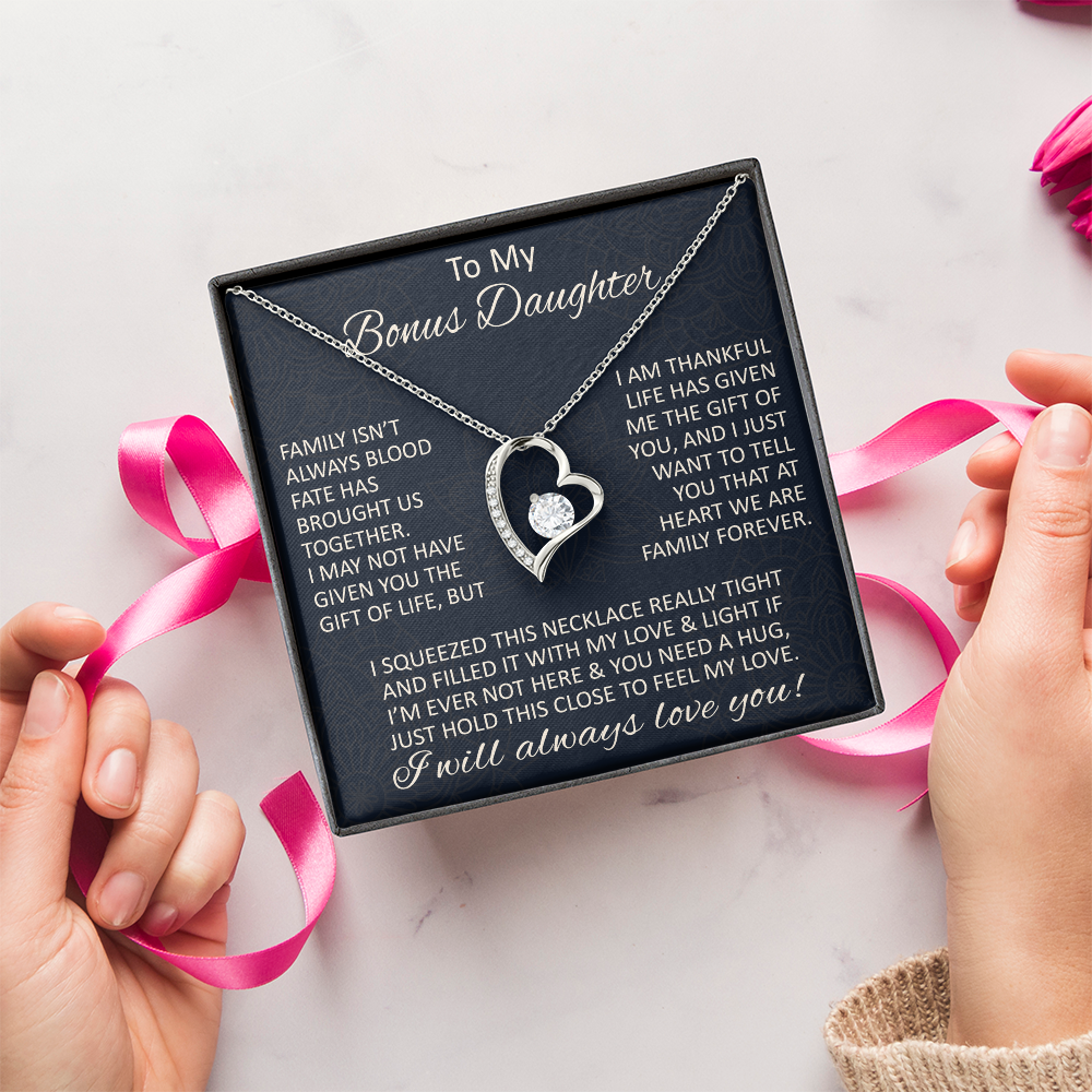 Love Gift for Bonus Daughter - Forever Love Necklace from Step Mom Step Dad for Birthday Christmas or any Special Occasion.