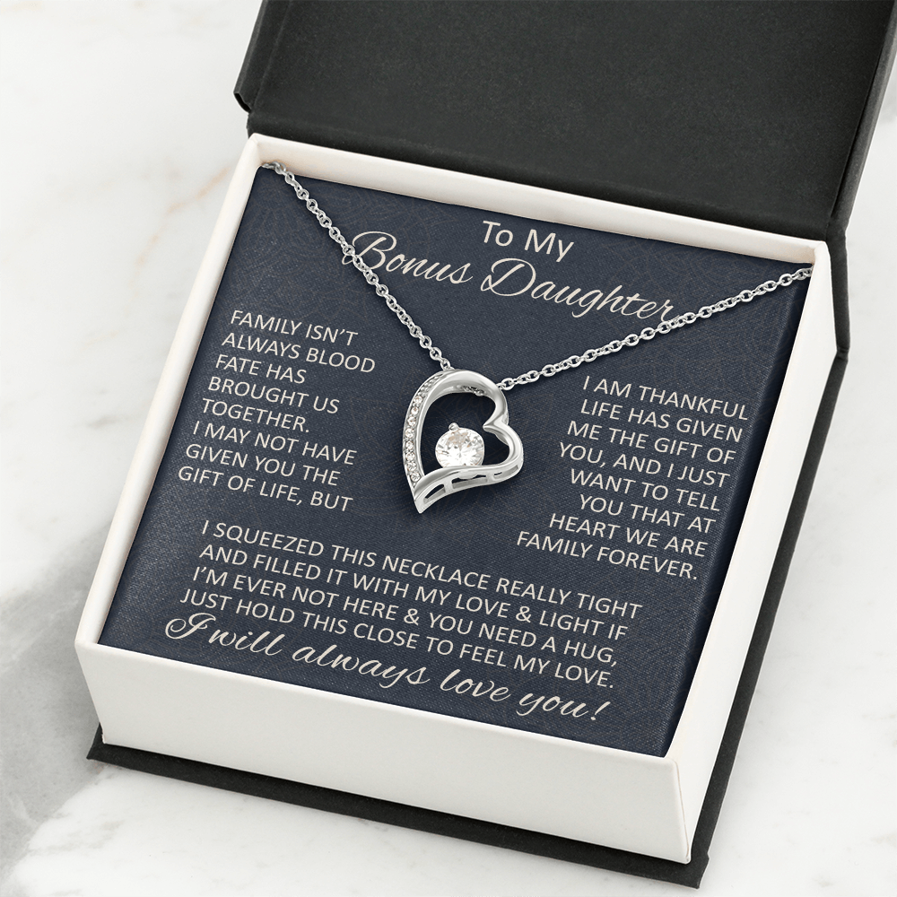 Love Gift for Bonus Daughter - Forever Love Necklace from Step Mom Step Dad for Birthday Christmas or any Special Occasion.