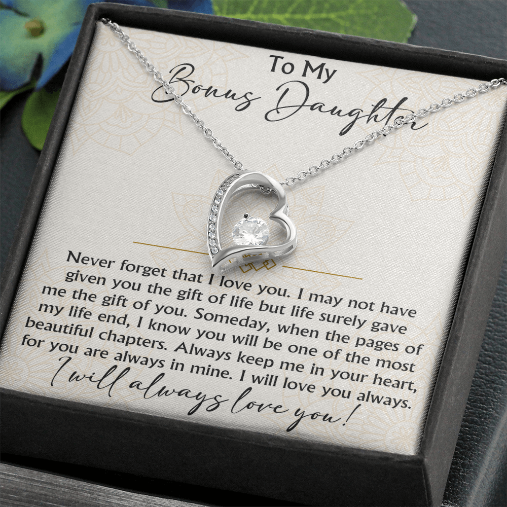 To My Bonus Daughter Forever Love Heart necklace - Birthday Xmas Gift from Bonus Mom Dad