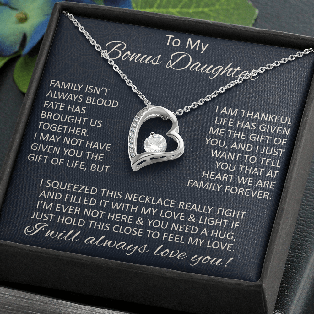 Love Gift for Bonus Daughter - Forever Love Necklace from Step Mom Step Dad for Birthday Christmas or any Special Occasion.