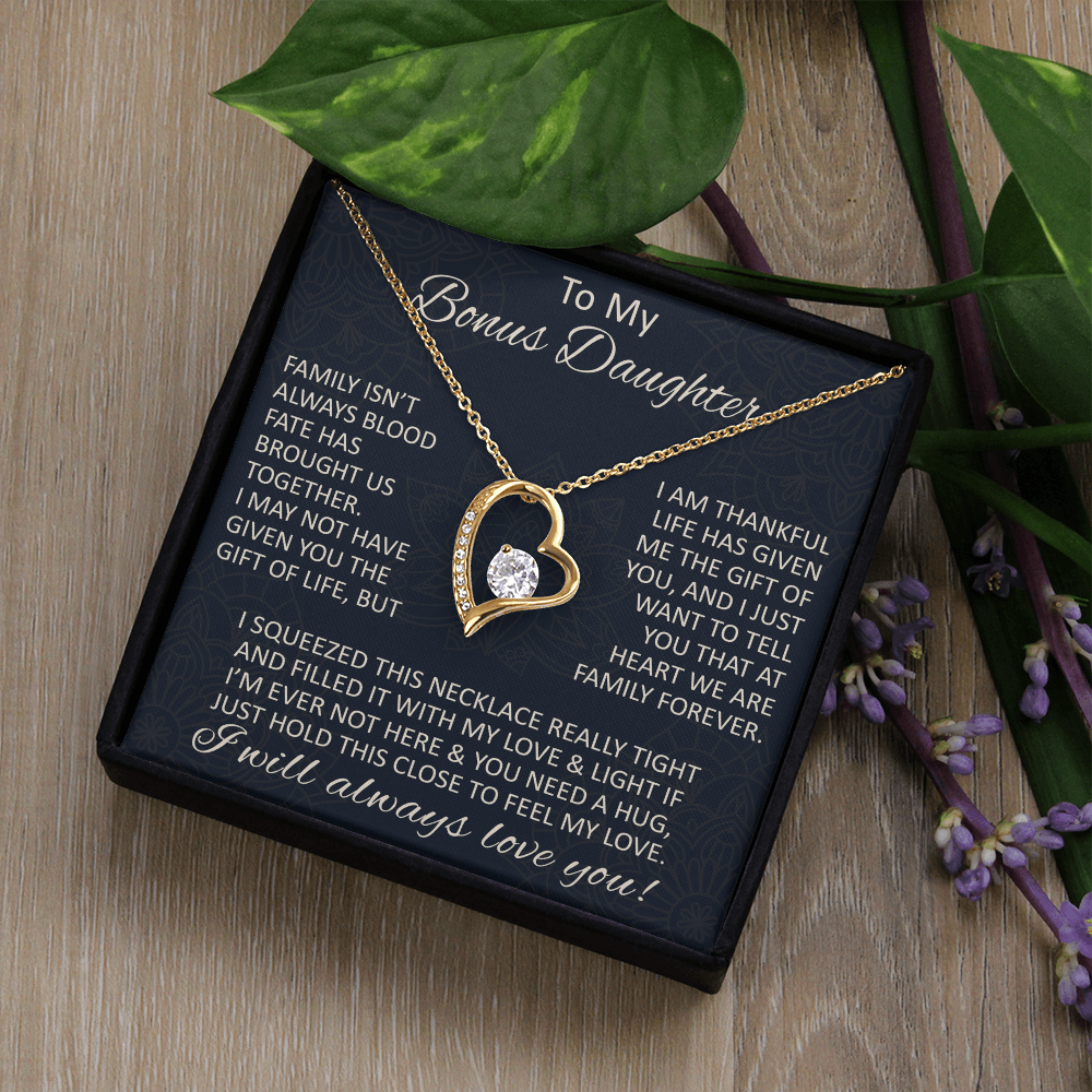 Love Gift for Bonus Daughter - Forever Love Necklace from Step Mom Step Dad for Birthday Christmas or any Special Occasion.