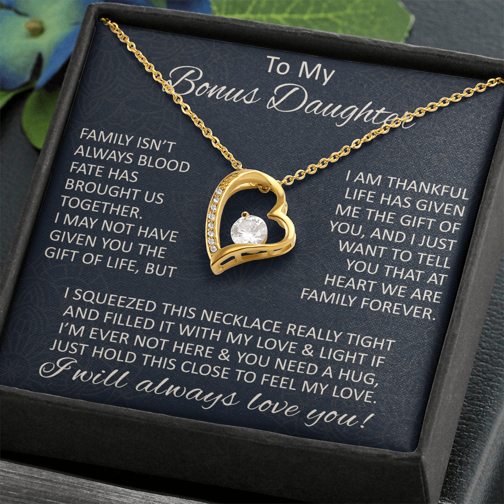 Love Gift for Bonus Daughter - Forever Love Necklace from Step Mom Step Dad for Birthday Christmas or any Special Occasion.