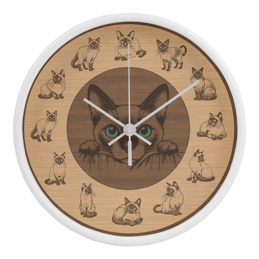 Wooden Frame Siamese Cat Wall Clock - Rustic Wall Art, 10in Quartz, Cat Lover Gift, Farmhouse Decor, Nature Pet Accent for Home