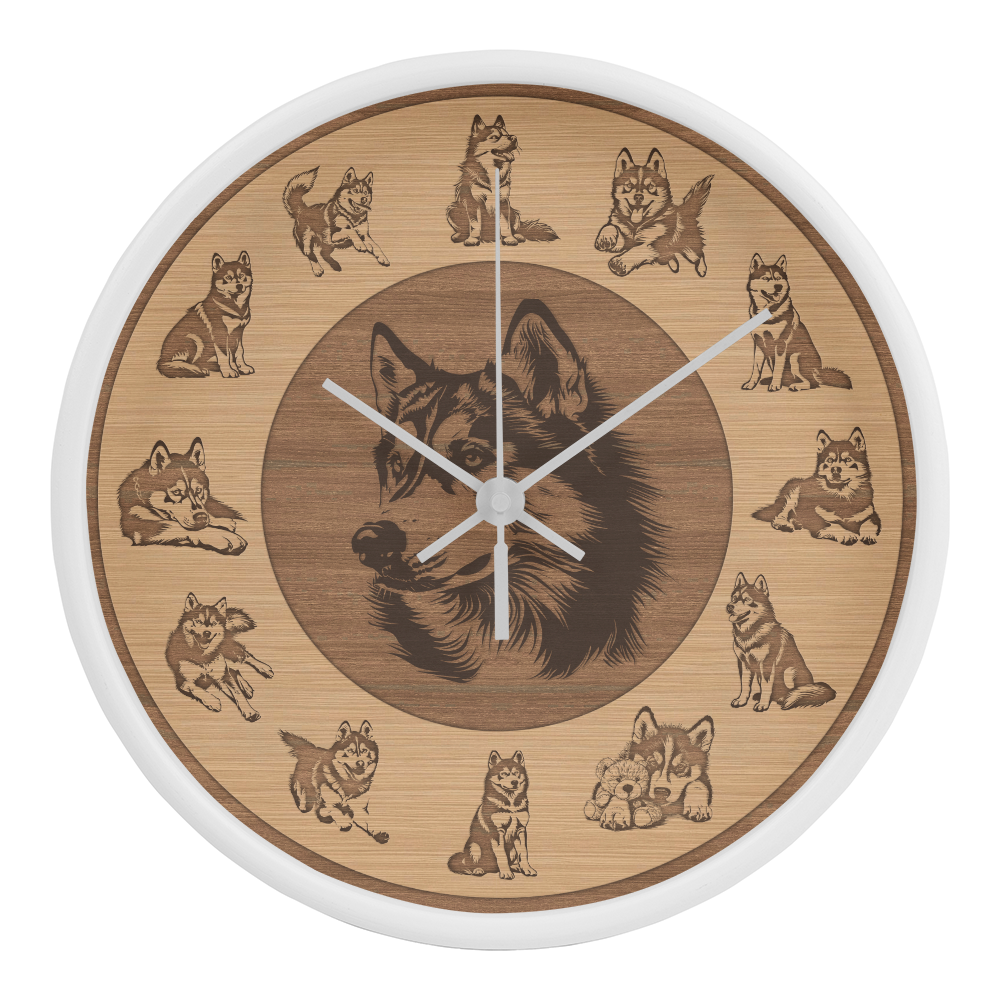 Husky Wooden Frame Wall Clock - Rustic Brown Silhouette, 10 Inch Quartz, Eco-Friendly Dog Gift, Farmhouse Pet Decor Gift, Pet Lover Art