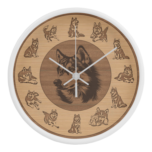 Husky Wooden Frame Wall Clock - Rustic Brown Silhouette, 10 Inch Quartz, Eco-Friendly Dog Gift, Farmhouse Pet Decor Gift, Pet Lover Art