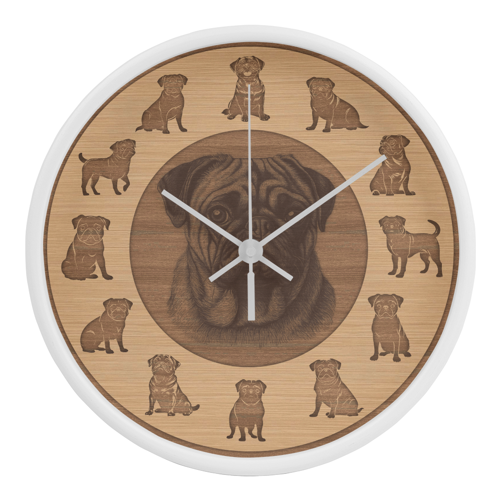 Wooden Pug Wall Clock - Rustic Wall Art, 10in Quartz, Dog Lover Gift, Farmhouse Decor, Cute Pet Accent for Home
