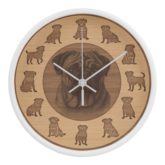 Wooden Pug Wall Clock - Rustic Wall Art, 10in Quartz, Dog Lover Gift, Farmhouse Decor, Cute Pet Accent for Home