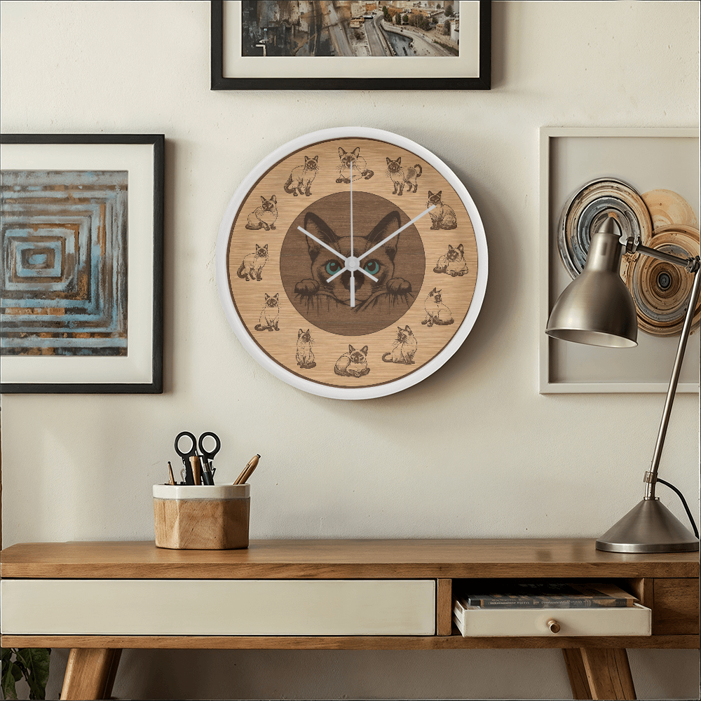 Wooden Frame Siamese Cat Wall Clock - Rustic Wall Art, 10in Quartz, Cat Lover Gift, Farmhouse Decor, Nature Pet Accent for Home