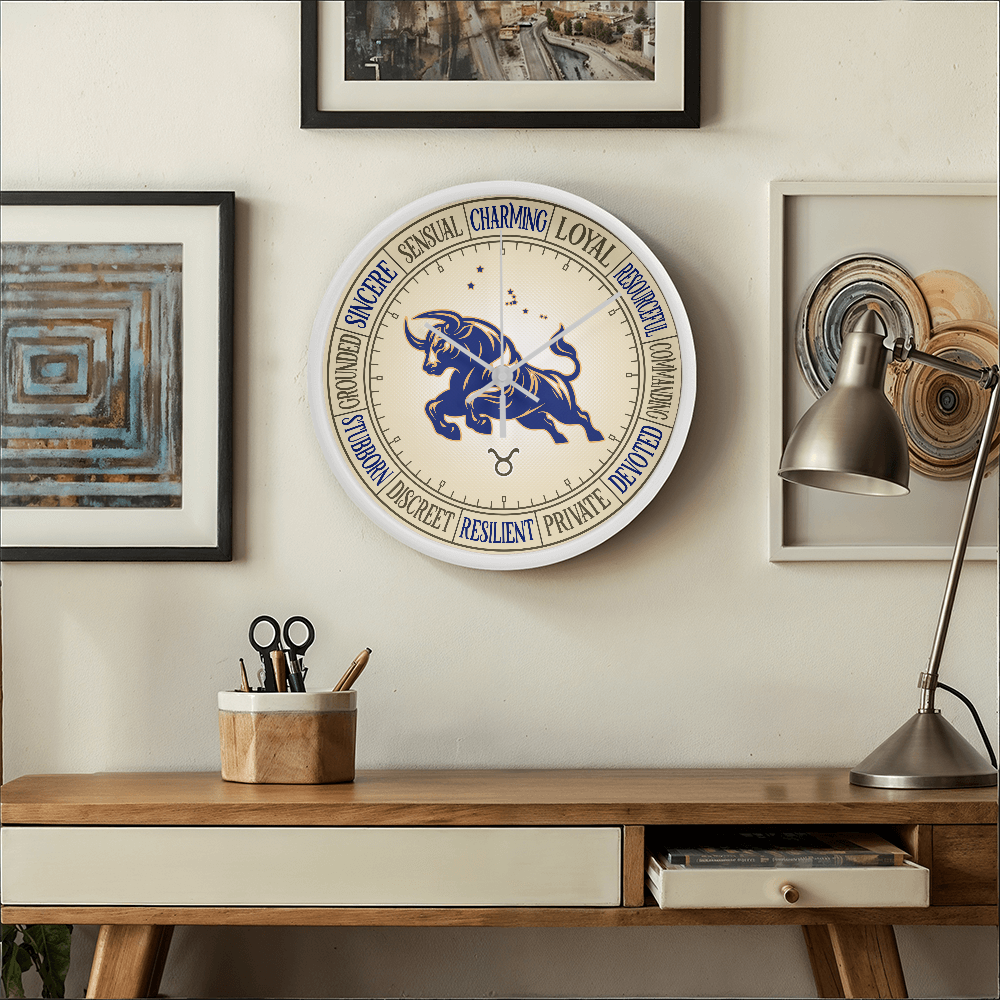 Taurus Wood Frame 10” Wall Clock - Astrology Wall Art, Taurus Lover Gift, Zodiac Decor, Taurus Constellation