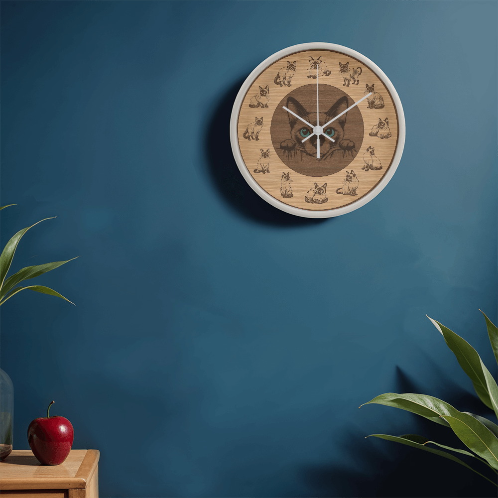 Wooden Frame Siamese Cat Wall Clock - Rustic Wall Art, 10in Quartz, Cat Lover Gift, Farmhouse Decor, Nature Pet Accent for Home