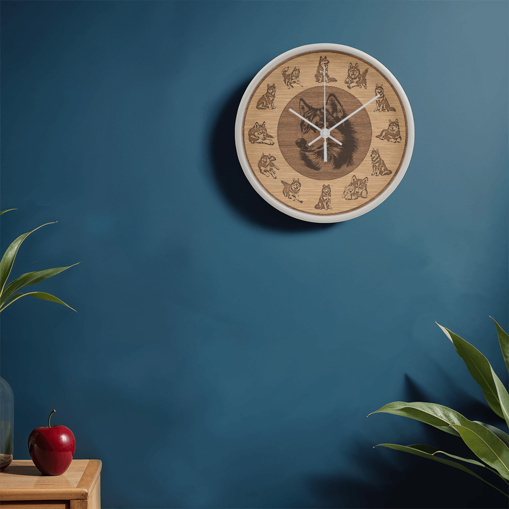 Husky Wooden Frame Wall Clock - Rustic Brown Silhouette, 10 Inch Quartz, Eco-Friendly Dog Gift, Farmhouse Pet Decor Gift, Pet Lover Art