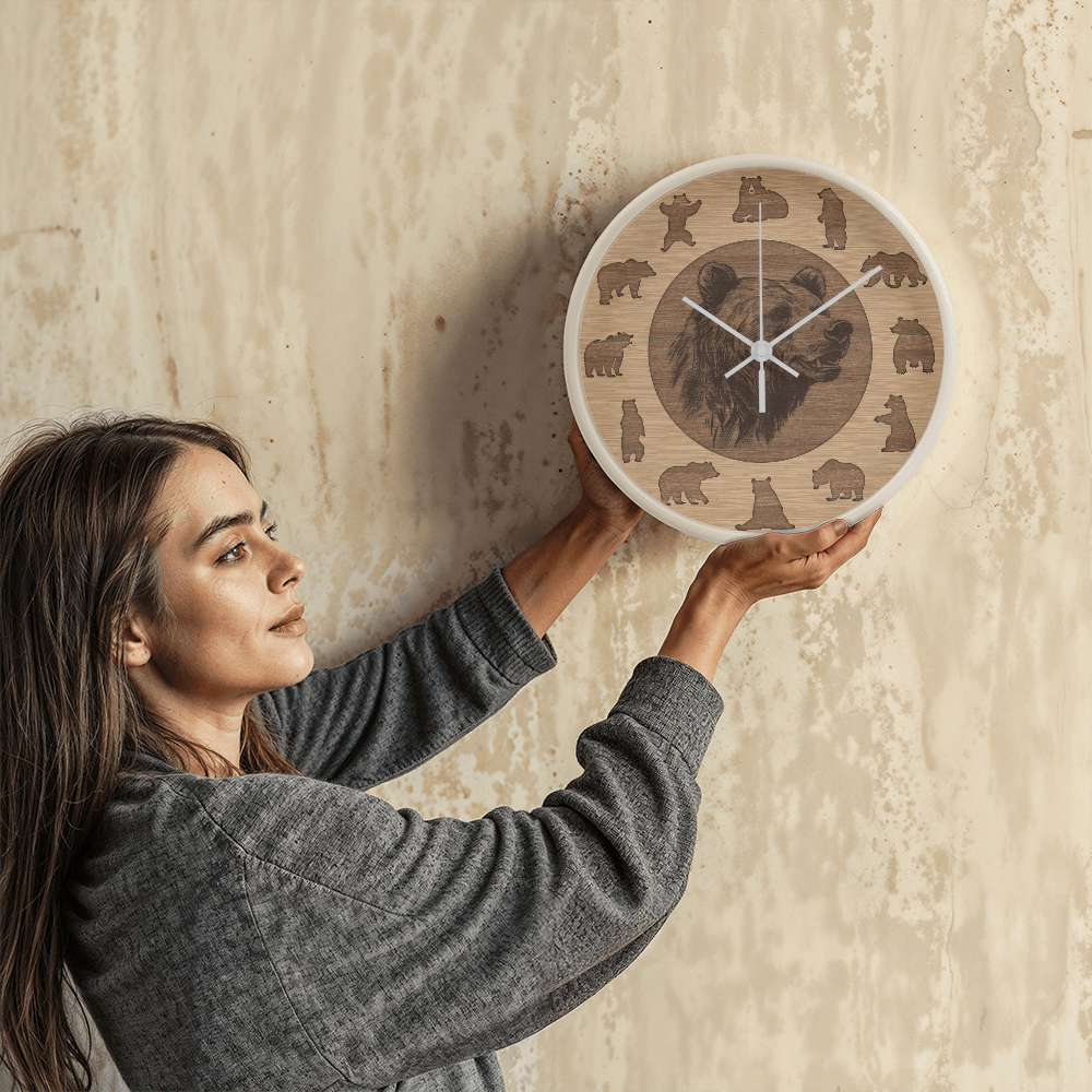 Wood Frame Bear Wall Clock - Modern Wall Art, 10in Quartz, Wildlife Gift, Sleek Decor, Nature Lover Urban Accent for Home Gift