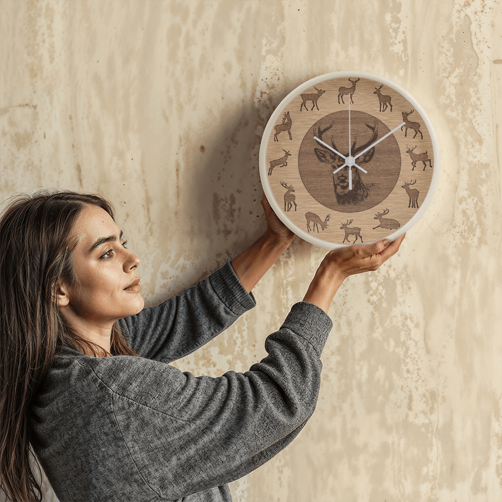 Wooden Frame Deer Wall Clock - Rustic Wall Art, 10in Quartz, Wildlife Gift, Farmhouse Decor, Nature Lover Cabin Accent for Home