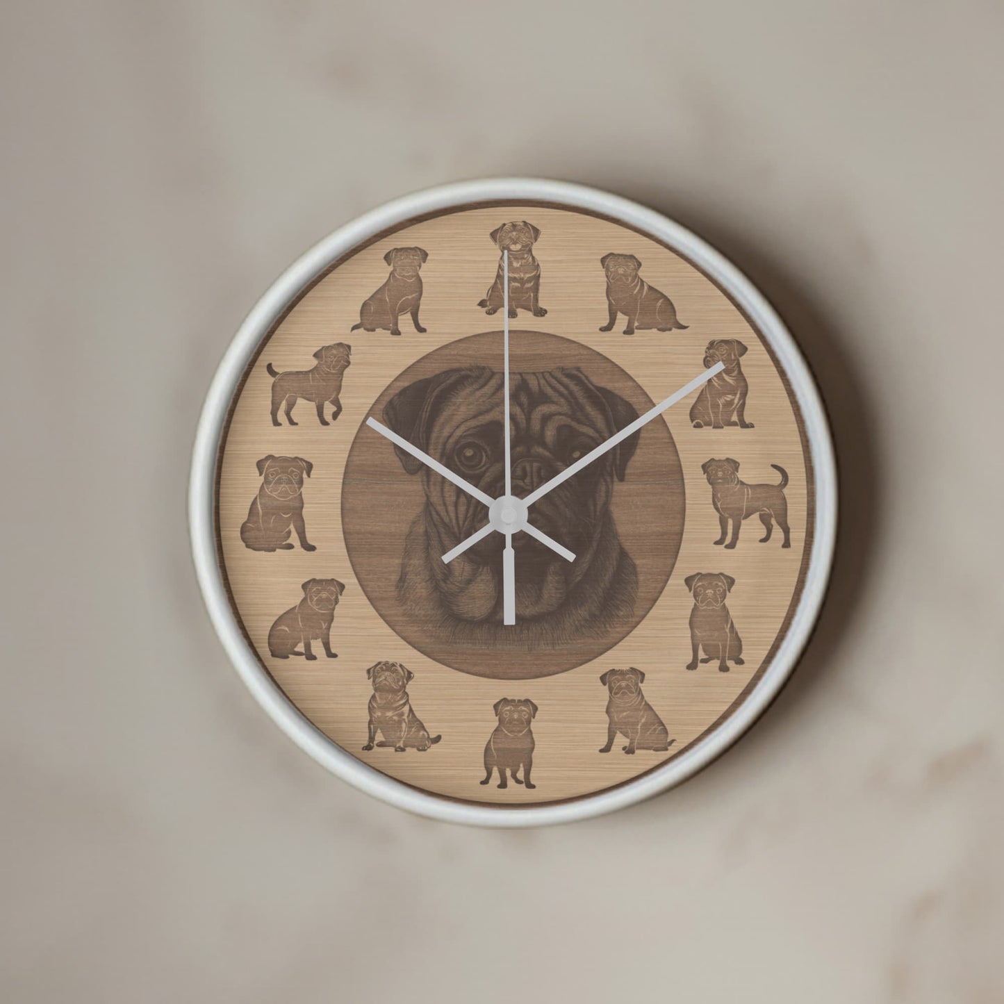 Wooden Pug Wall Clock - Rustic Wall Art, 10in Quartz, Dog Lover Gift, Farmhouse Decor, Cute Pet Accent for Home