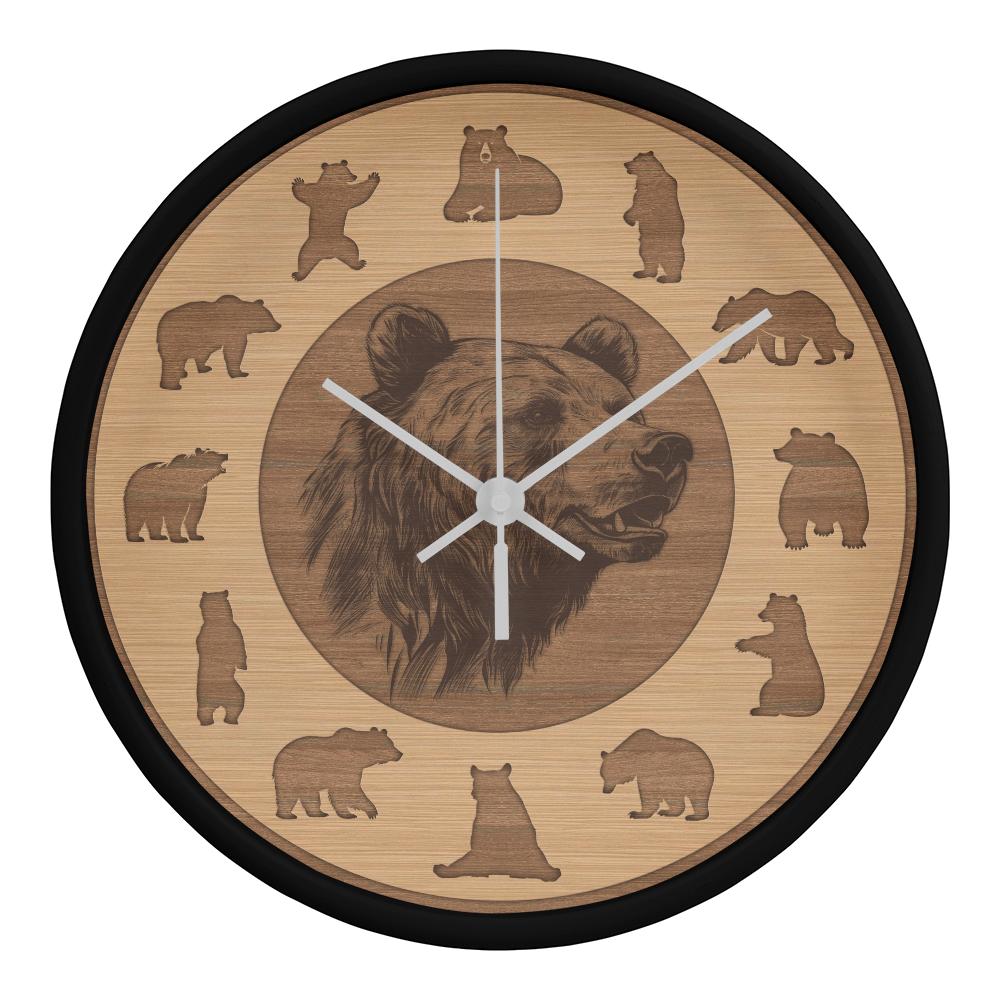 Wood Frame Bear Wall Clock - Modern Wall Art, 10in Quartz, Wildlife Gift, Sleek Decor, Nature Lover Urban Accent for Home Gift