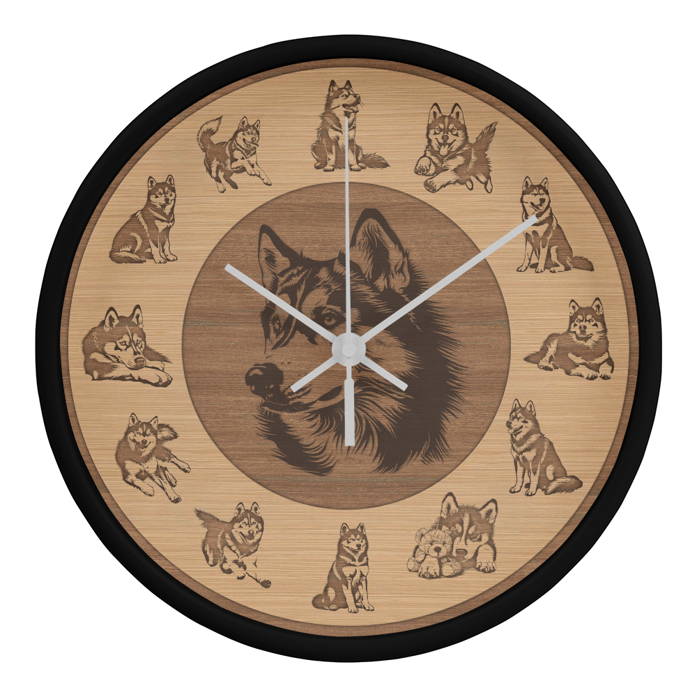 Husky Wooden Frame Wall Clock - Rustic Brown Silhouette, 10 Inch Quartz, Eco-Friendly Dog Gift, Farmhouse Pet Decor Gift, Pet Lover Art