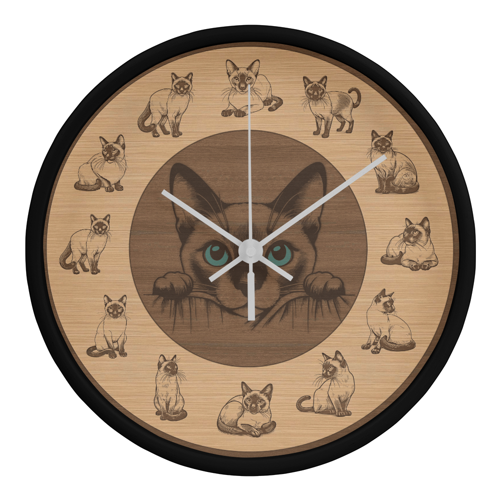 Wooden Frame Siamese Cat Wall Clock - Rustic Wall Art, 10in Quartz, Cat Lover Gift, Farmhouse Decor, Nature Pet Accent for Home