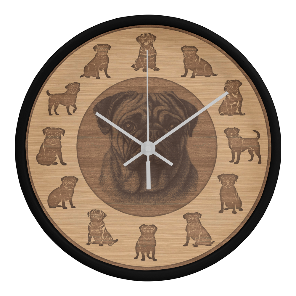 Wooden Pug Wall Clock - Rustic Wall Art, 10in Quartz, Dog Lover Gift, Farmhouse Decor, Cute Pet Accent for Home