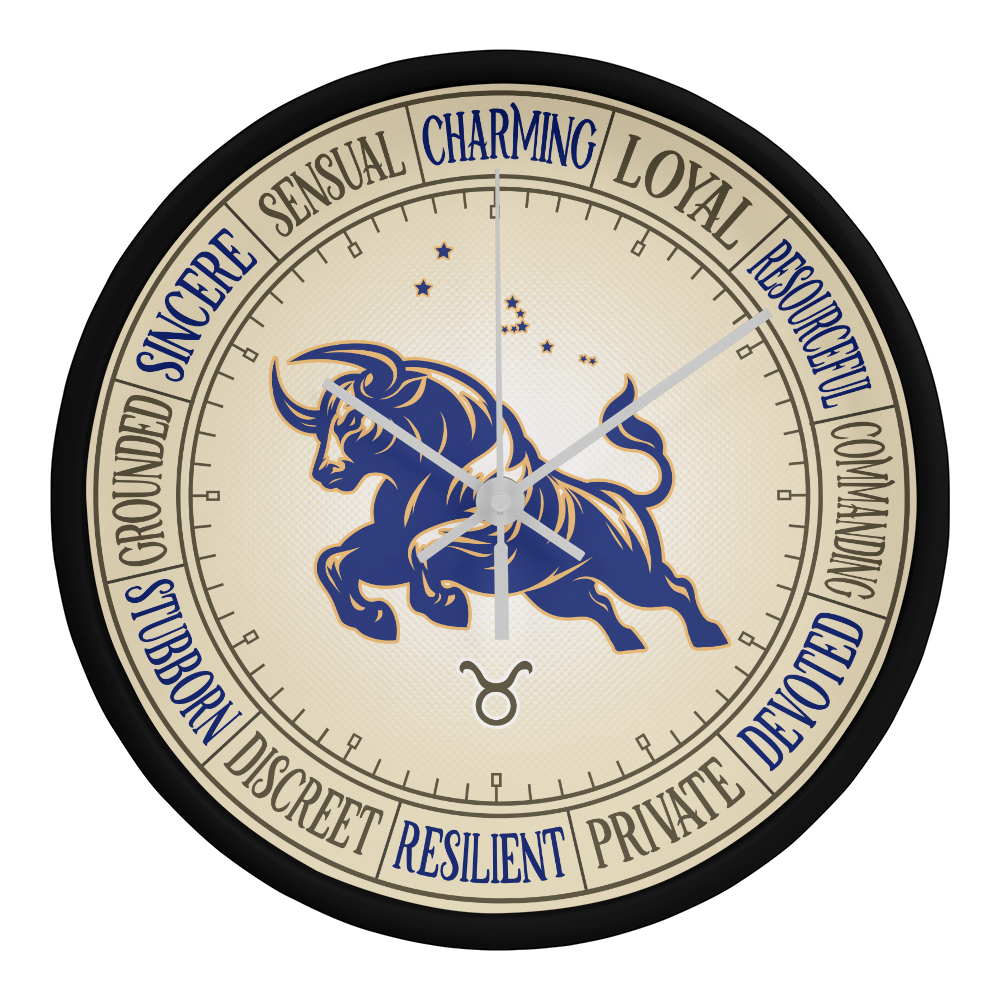 Taurus Wood Frame 10” Wall Clock - Astrology Wall Art, Taurus Lover Gift, Zodiac Decor, Taurus Constellation