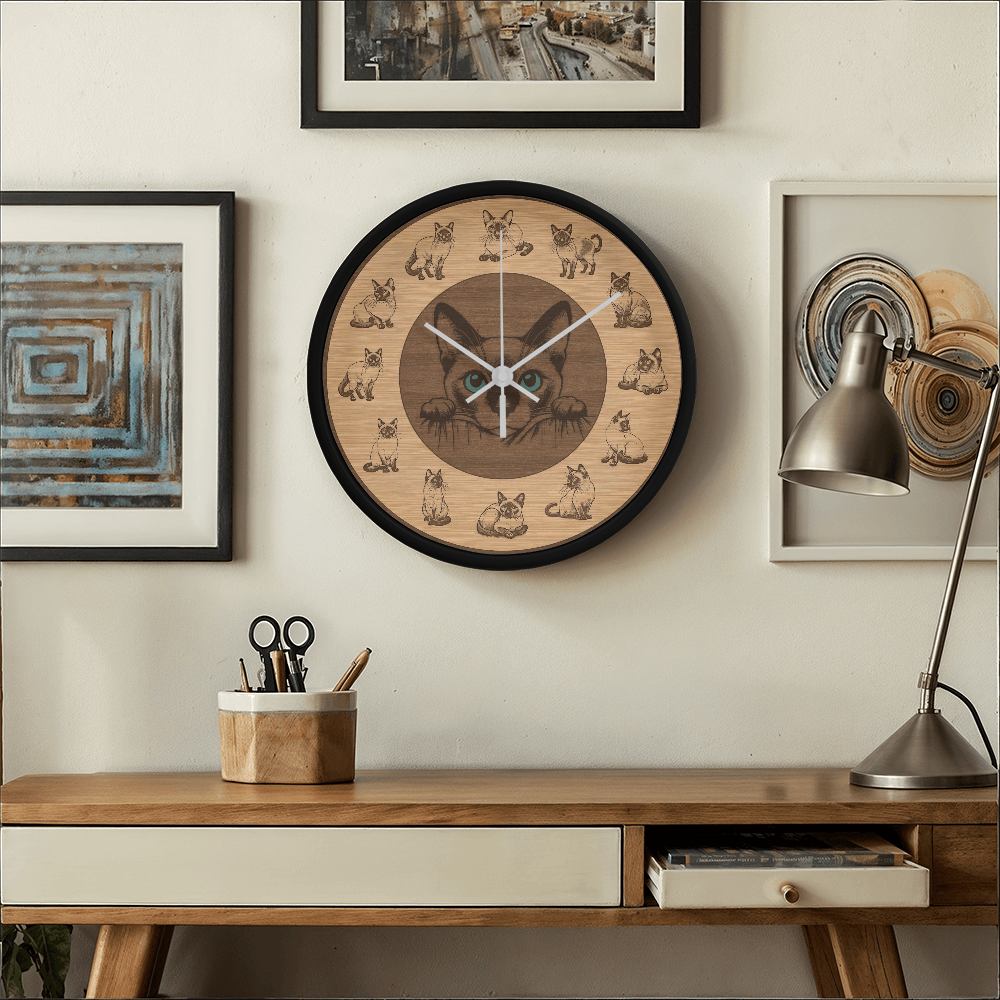 Wooden Frame Siamese Cat Wall Clock - Rustic Wall Art, 10in Quartz, Cat Lover Gift, Farmhouse Decor, Nature Pet Accent for Home