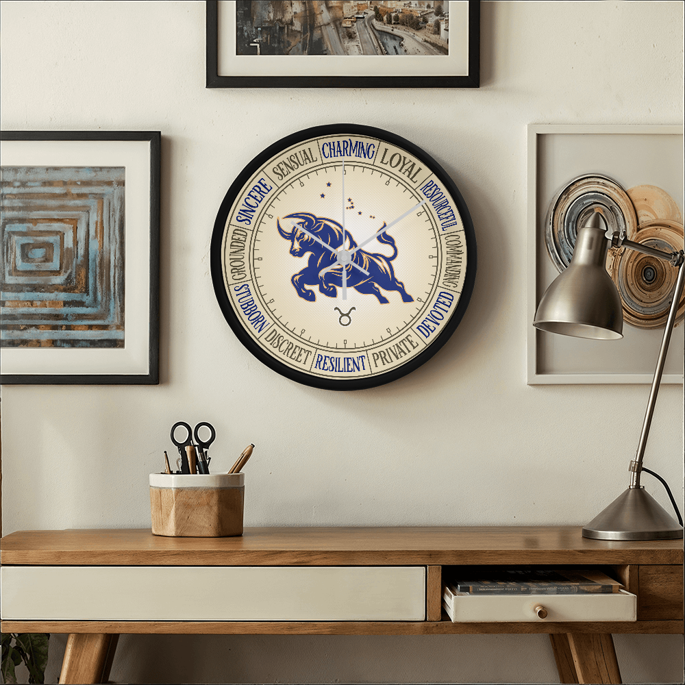 Taurus Wood Frame 10” Wall Clock - Astrology Wall Art, Taurus Lover Gift, Zodiac Decor, Taurus Constellation