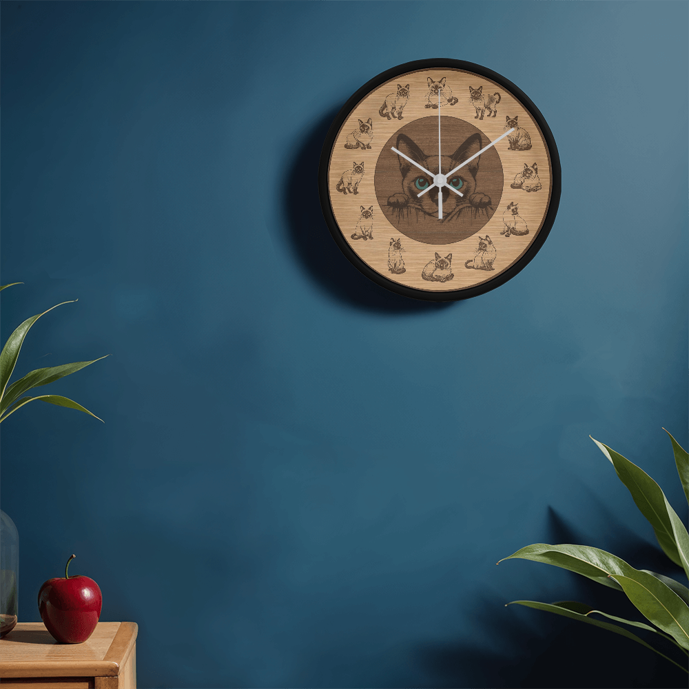 Wooden Frame Siamese Cat Wall Clock - Rustic Wall Art, 10in Quartz, Cat Lover Gift, Farmhouse Decor, Nature Pet Accent for Home