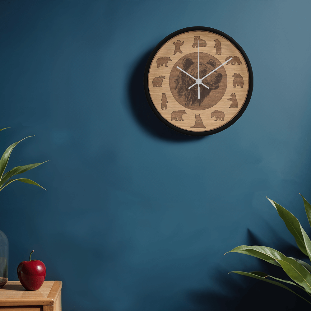 Wood Frame Bear Wall Clock - Modern Wall Art, 10in Quartz, Wildlife Gift, Sleek Decor, Nature Lover Urban Accent for Home Gift